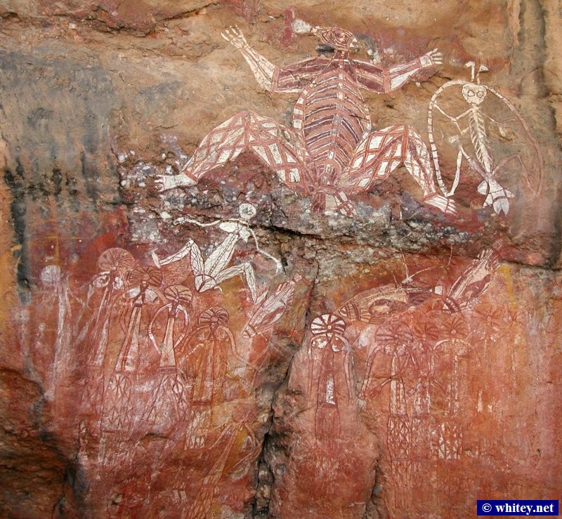 Aborigen australiano Pintura rupestre, The Anbangbang Gallery, Parque Nacional Kakadu, Australia. Top centre: Namandjolg, Top right: Namarrgon (the Lightning Man), Middle left: Barrginj, Middle right: Guluibirr (the saratoga fish), Bottom: Family groups on their way to a ceremony.